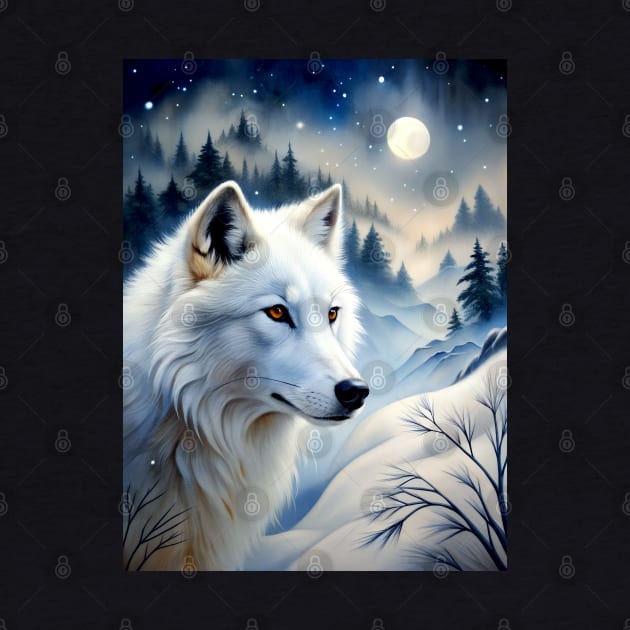 White Wolf Hunting Ground, Winter Mountain Icy Moon, Forest, Galaxy Beautiful gifts Novelty Wild Animal Pattern Fashion by sofiartmedia